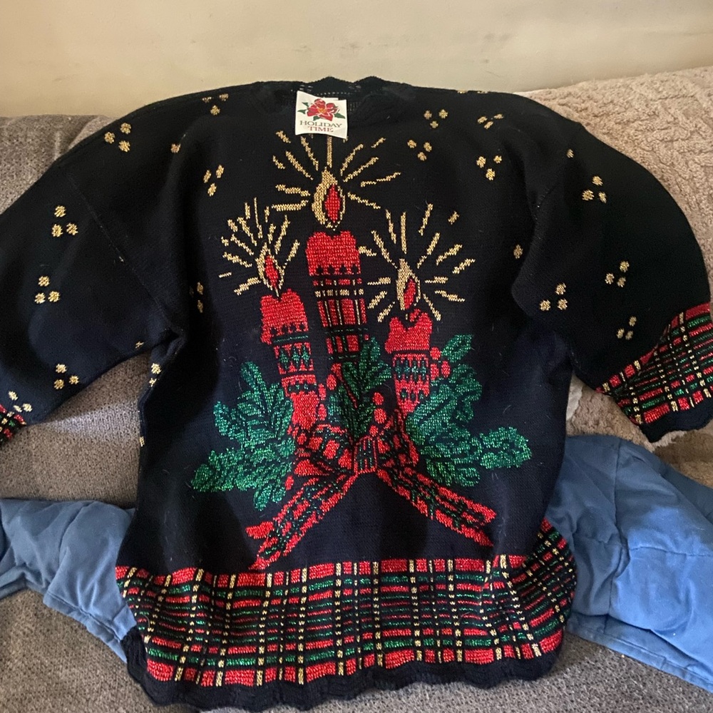 Holiday Time Black Crewneck Sweater with Red Candles & Green Holly